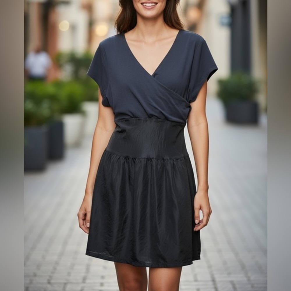 Garnet Hill Charcoal Faux Wrap Top Silk Bottom Tie Front Waist Dress Size XL